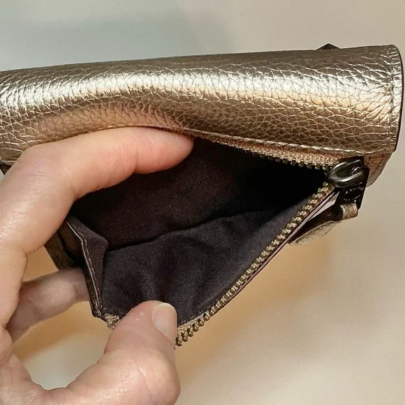 Coach Rare Floral Appliqué Studded Flap Trifold Wallet Gold & Brown NWOT - Picture 10 of 14